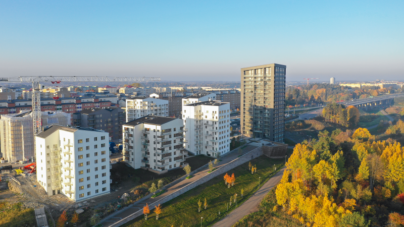 Flygbild av Rinkebyterrassen under uppförande