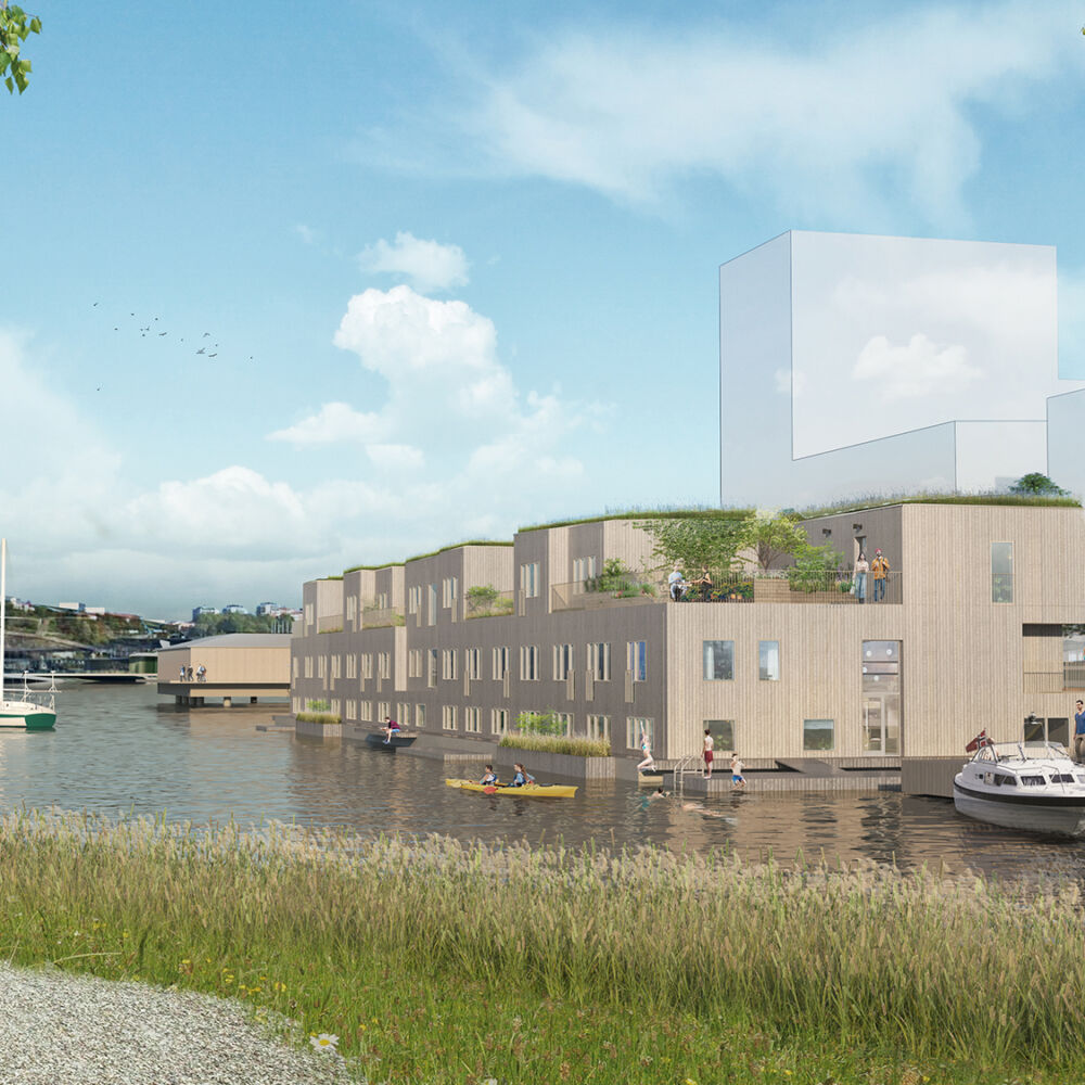 Visionsbild av trähus med sedumtak på flytande pontoner vid vattnet och grönska